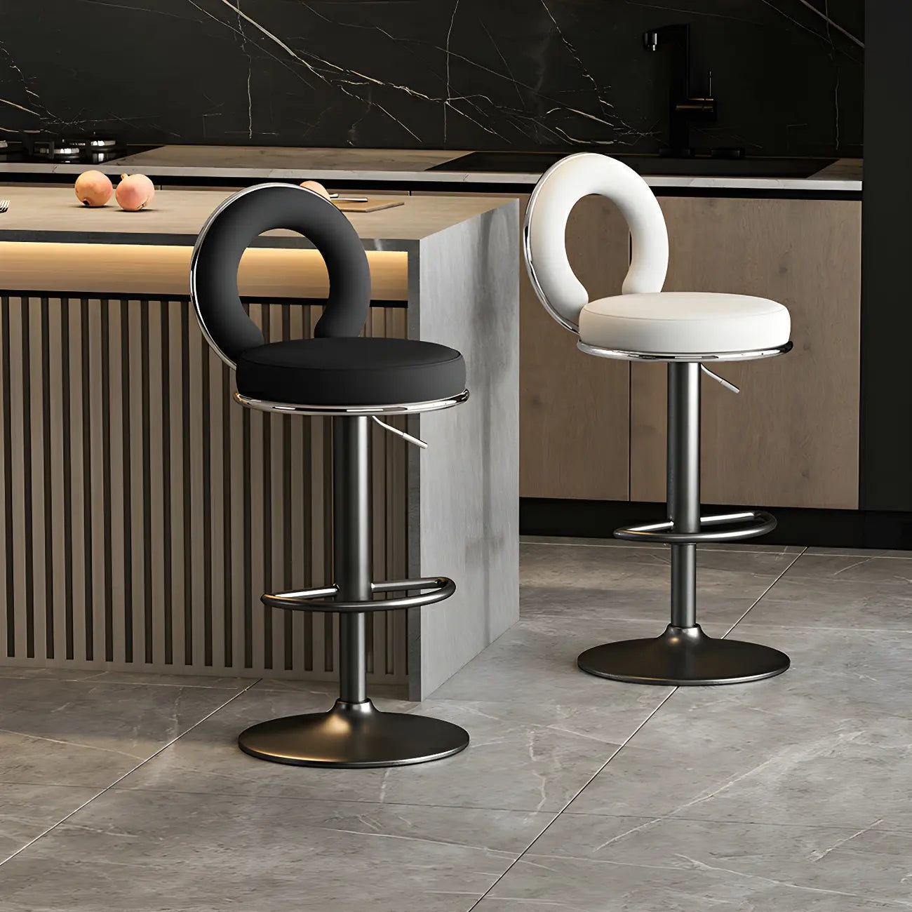 Glam Metal Round Adjustable Bar Stools with Cushions for Kitchen