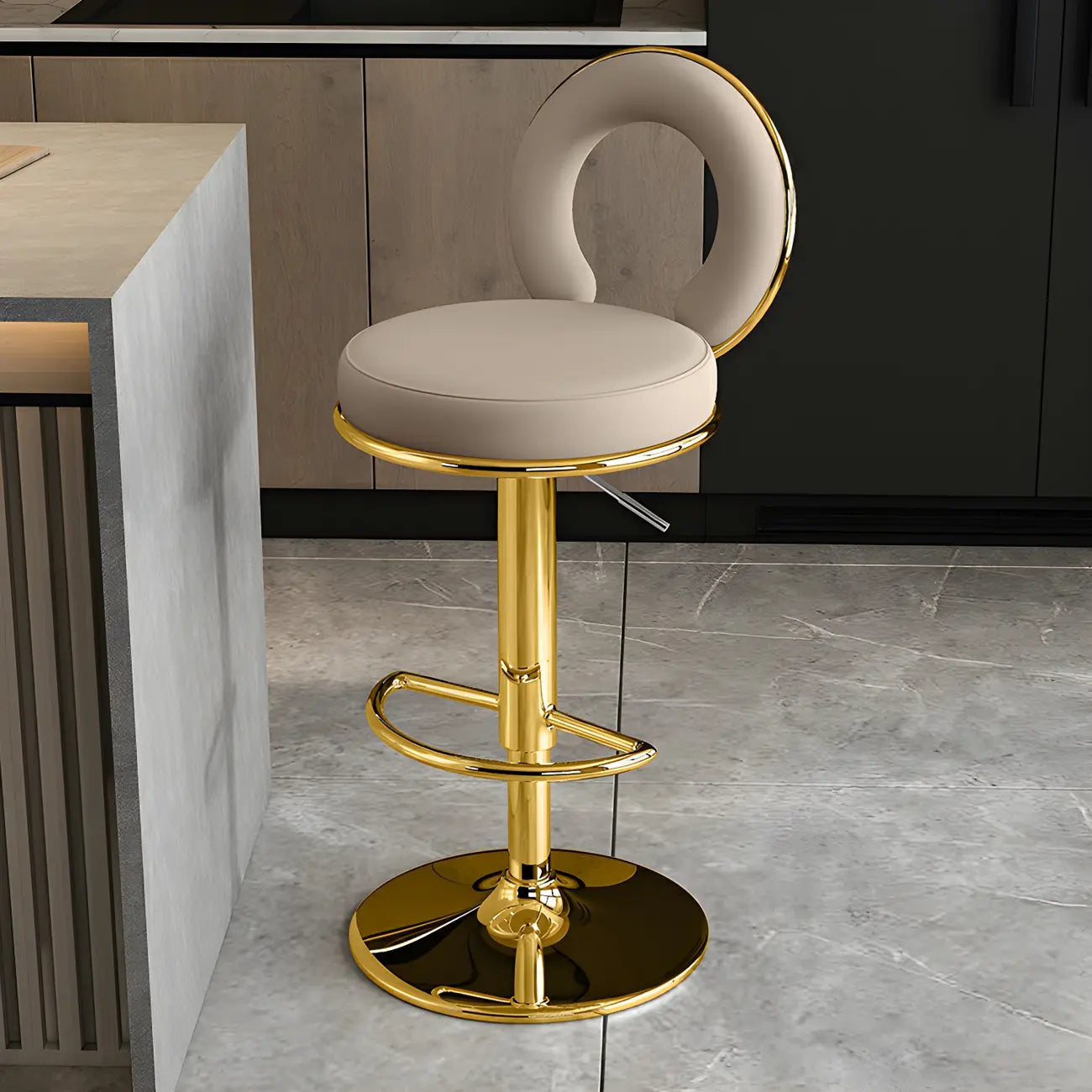 Glam Metal Round Adjustable Bar Stools with Cushions for Kitchen