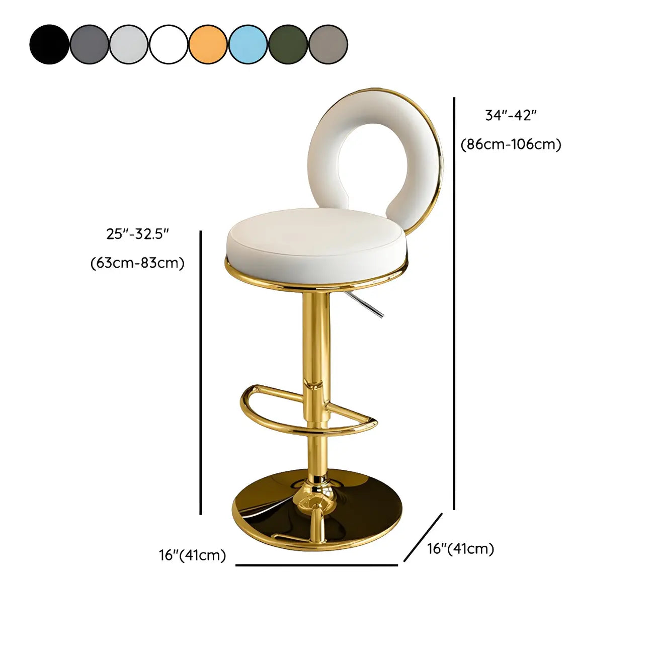 Glam Metal Round Adjustable Bar Stools with Cushions for Kitchen