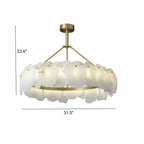Brass Downrod Circular White Alabaster Chandelier