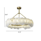 Brass Downrod Circular White Alabaster Chandelier