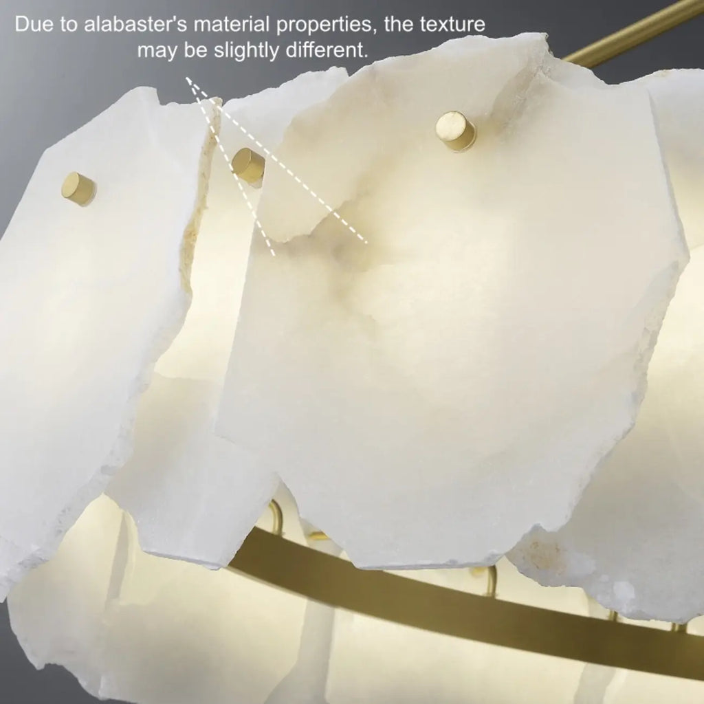 Brass Downrod Circular White Alabaster Chandelier
