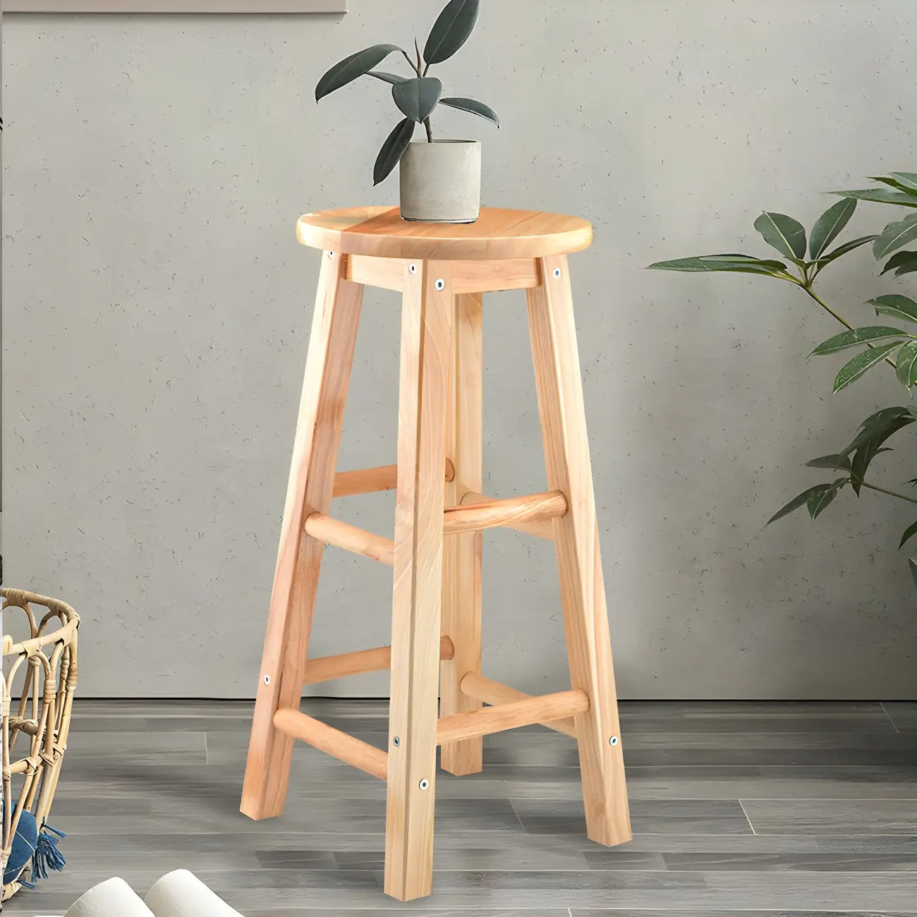 Round Oak Wood Backless Counter Height Bar Stool