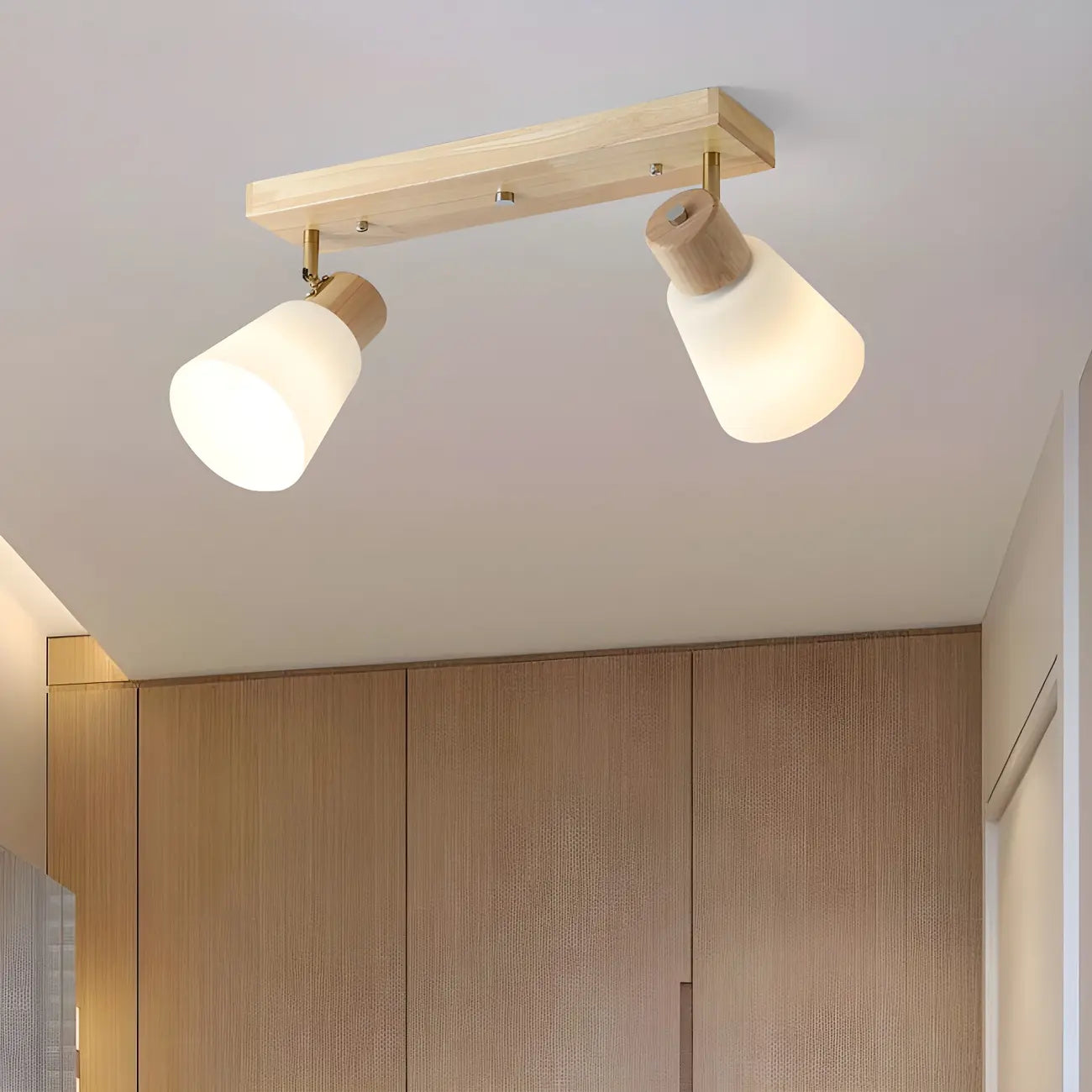 Natural Wood White Cone Glass Adjustable Semi Flush Track Light