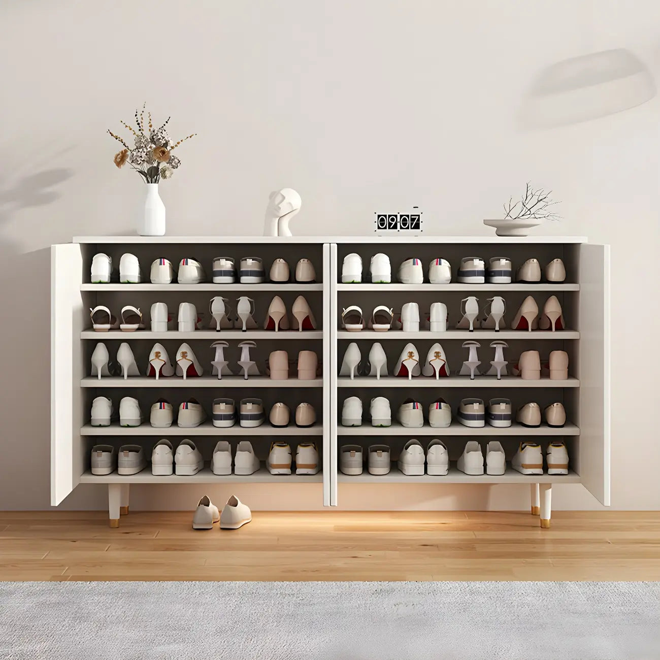 Green Wood Shoe Cabinet with Adjustable Shelves
