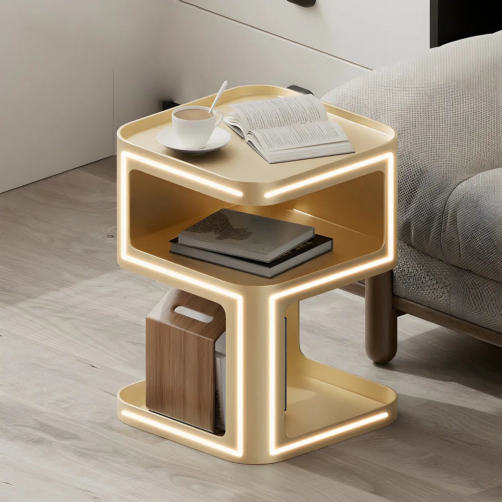 Modern Square Metal Side Table with Storage Shelves