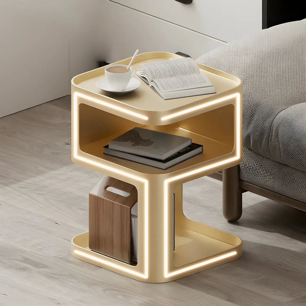Modern Square Metal Side Table with Storage Shelves