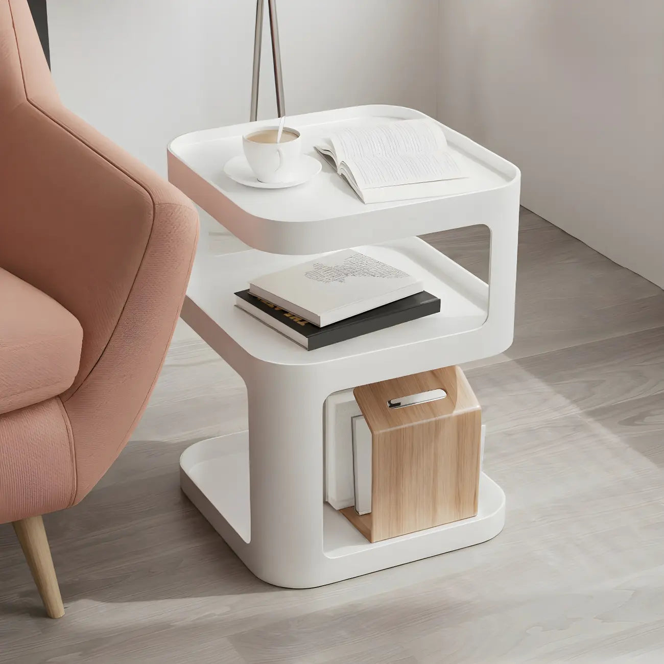 Modern Square Metal Side Table with Storage Shelves