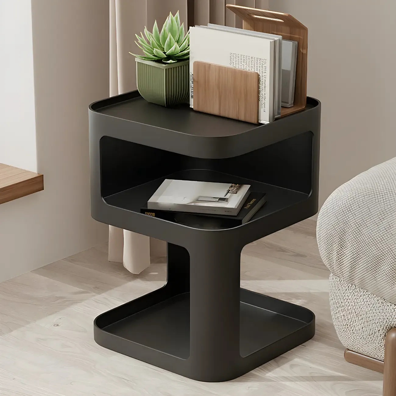 Modern Square Metal Side Table with Storage Shelves