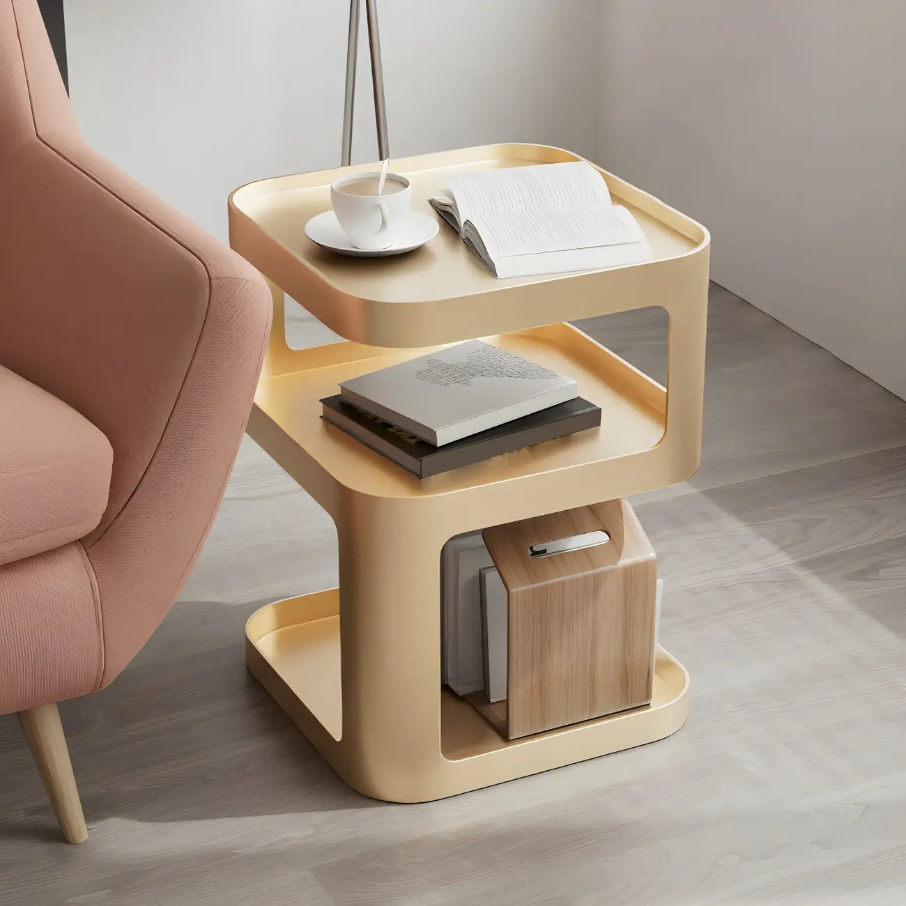 Modern Square Metal Side Table with Storage Shelves