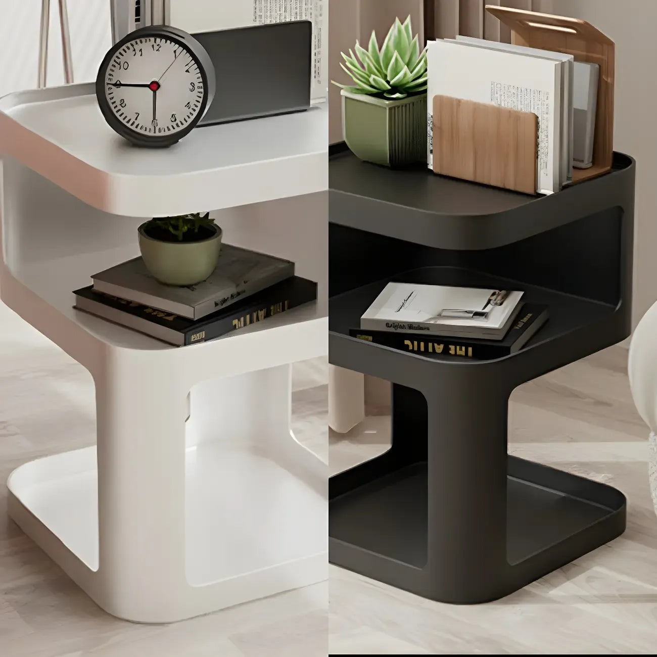 Modern Square Metal Side Table with Storage Shelves