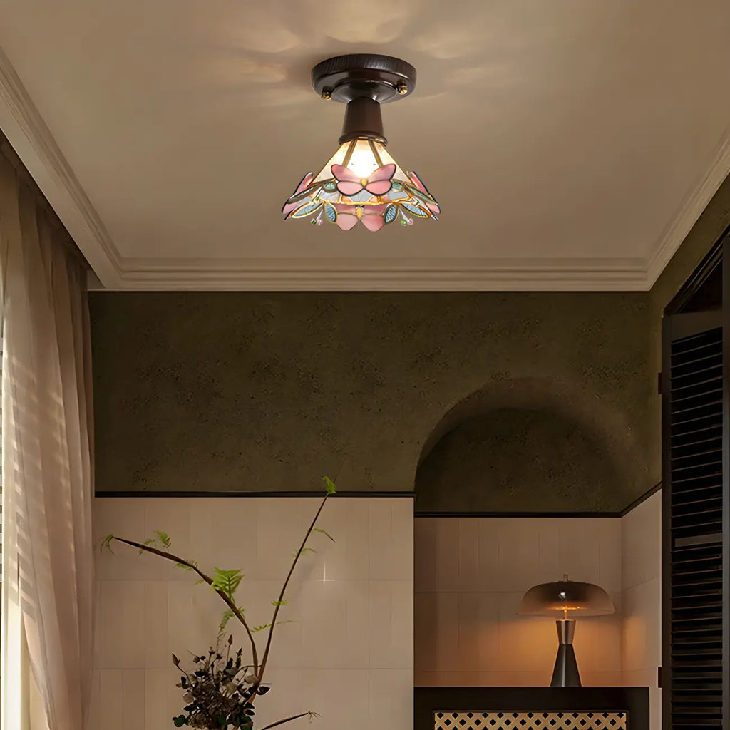Chic Walnut Glass Semi Flush Ceiling Light for Aisle Decor