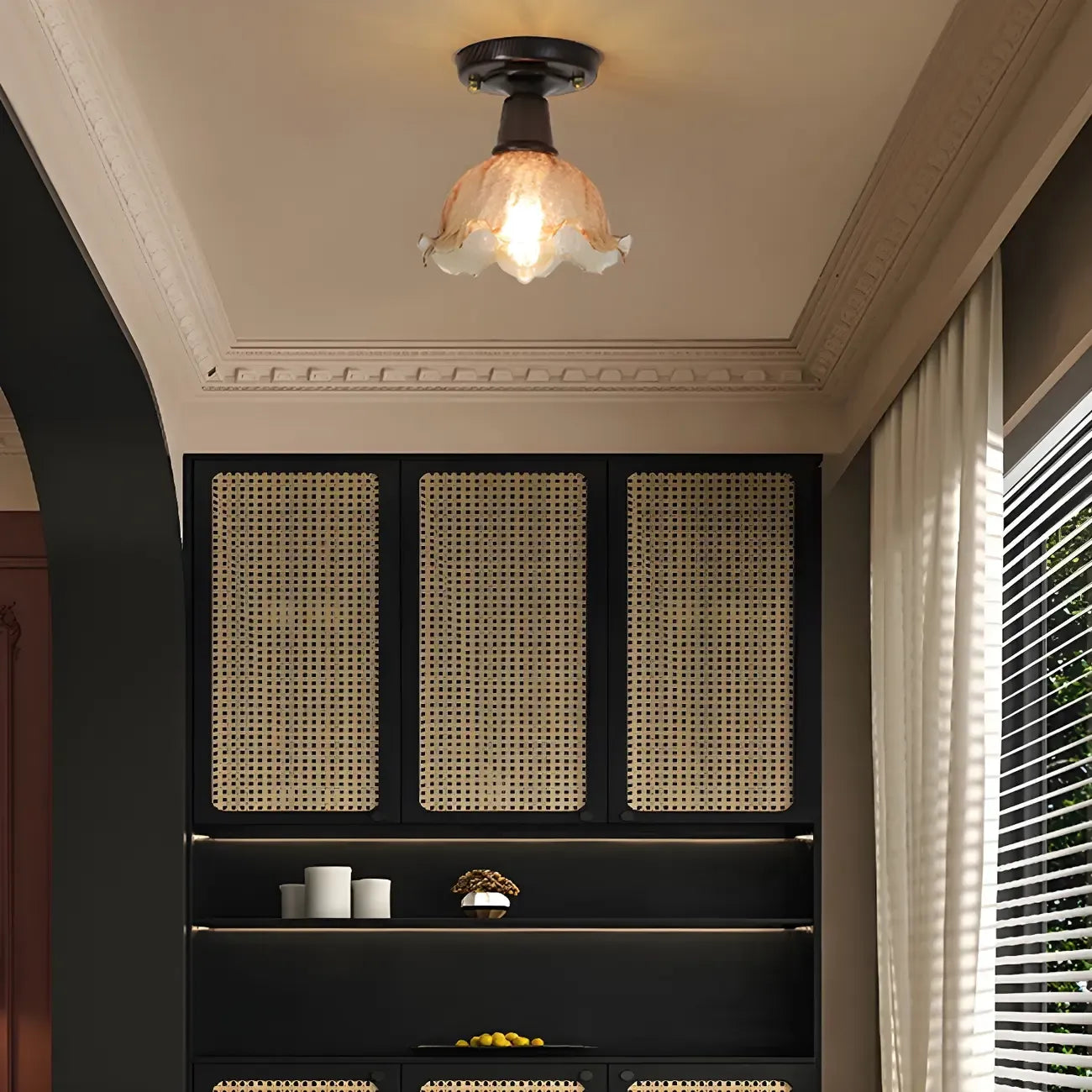 Chic Walnut Glass Semi Flush Ceiling Light for Aisle Decor