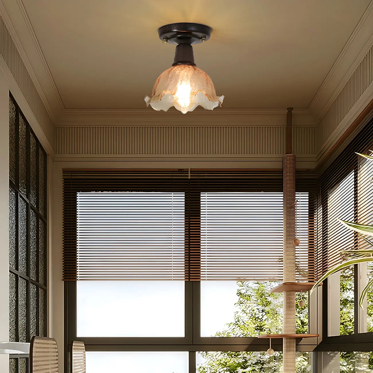 Chic Walnut Glass Semi Flush Ceiling Light for Aisle Decor