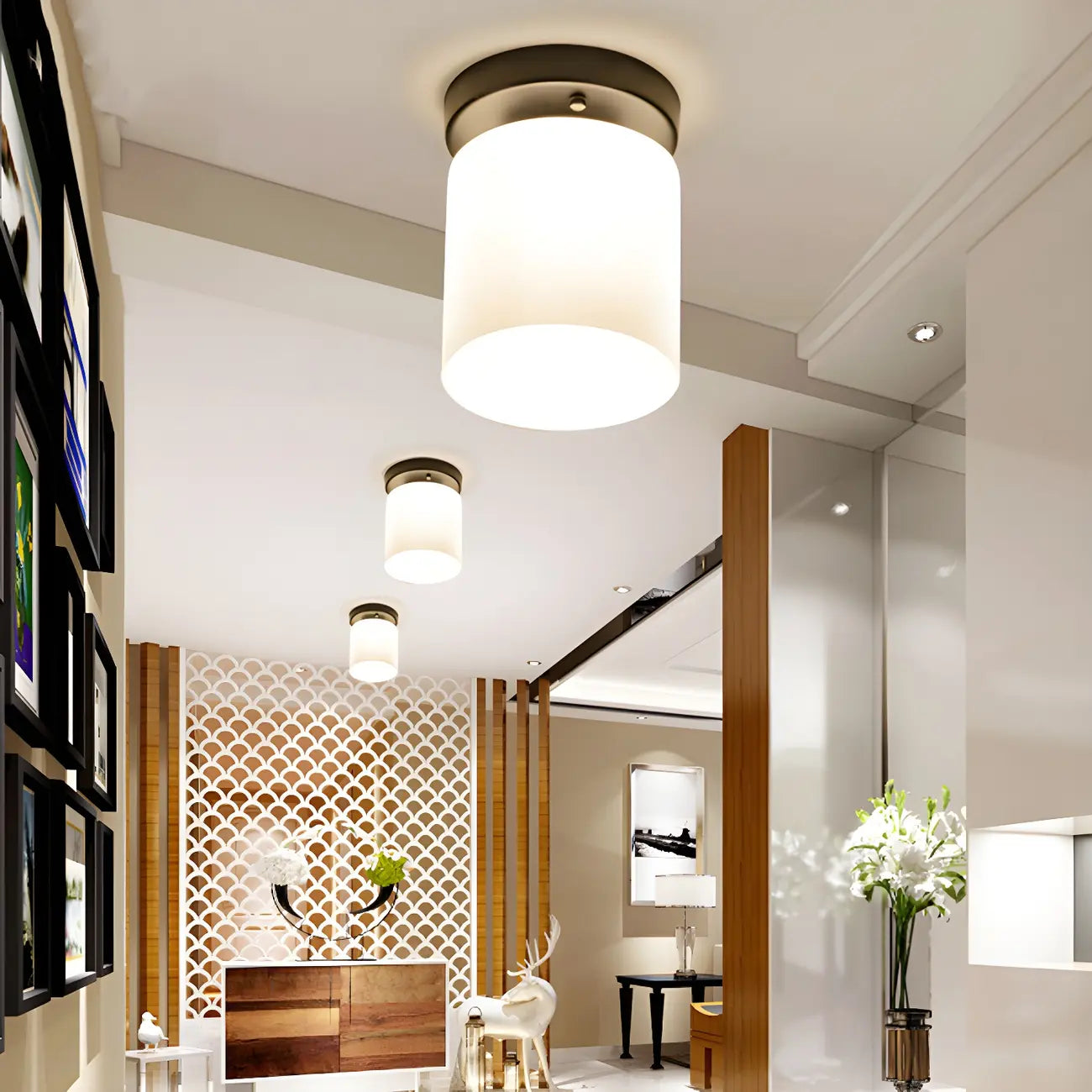 Black Minimalist Cylinder Glass Semi Flush Ceiling Light