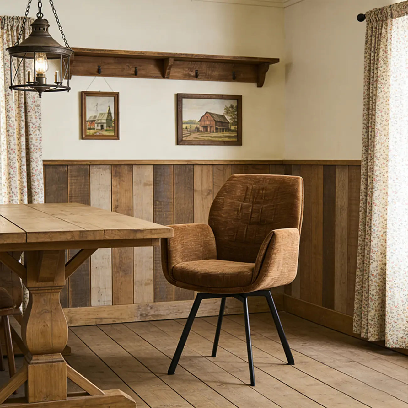 Brown Curved Back Chenille Arm Chair Dining Chairs