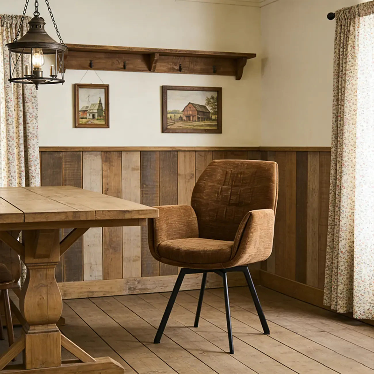 Brown Curved Back Chenille Arm Chair Dining Chairs