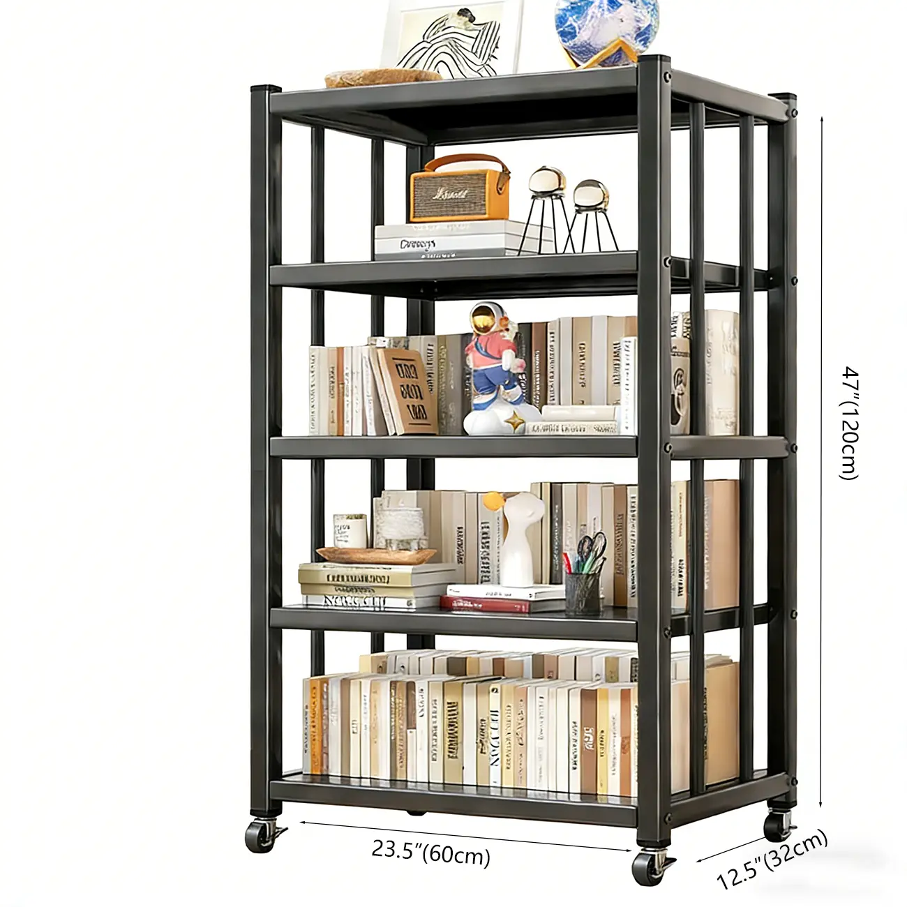 Contemporary Industrial Black Metal 5-Tier Rolling Bookcase
