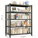 Contemporary Industrial Black Metal 5-Tier Rolling Bookcase