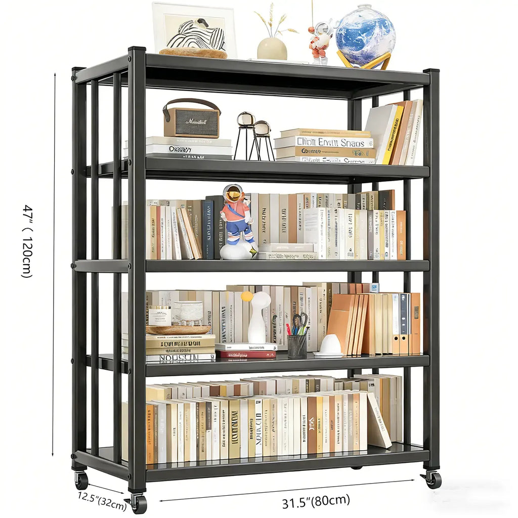 Contemporary Industrial Black Metal 5-Tier Rolling Bookcase