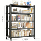 Contemporary Industrial Black Metal 5-Tier Rolling Bookcase
