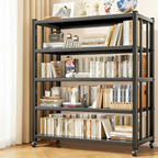 Contemporary Industrial Black Metal 5-Tier Rolling Bookcase