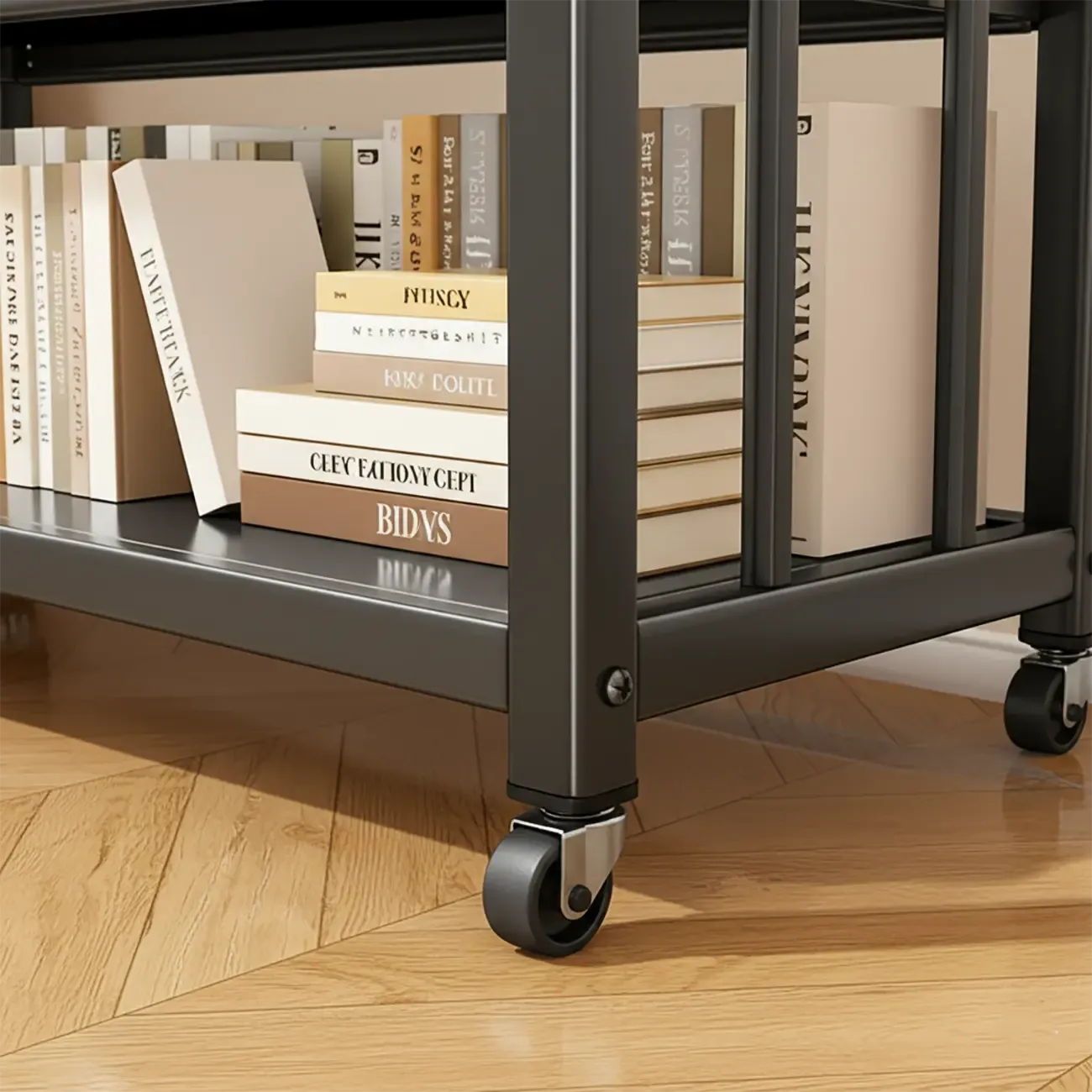 Contemporary Industrial Black Metal 5-Tier Rolling Bookcase
