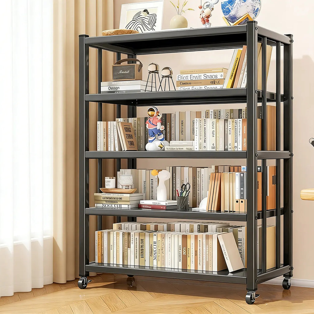 Contemporary Industrial Black Metal 5-Tier Rolling Bookcase