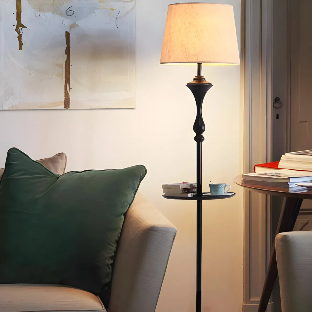 Traditional Drum Fabric Shade Standing Floor Lamp with Table