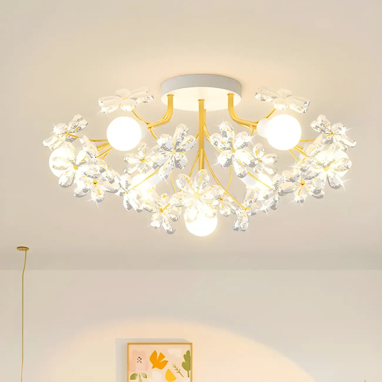 Elegant Floral Crystal Golden Semi Flush Ceiling Light