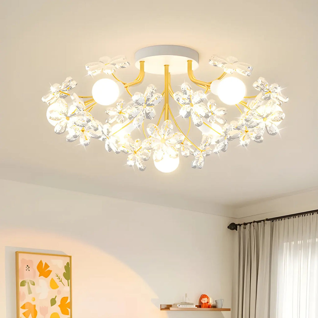 Elegant Floral Crystal Golden Semi Flush Ceiling Light
