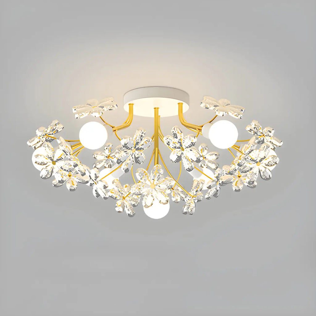 Elegant Floral Crystal Golden Semi Flush Ceiling Light