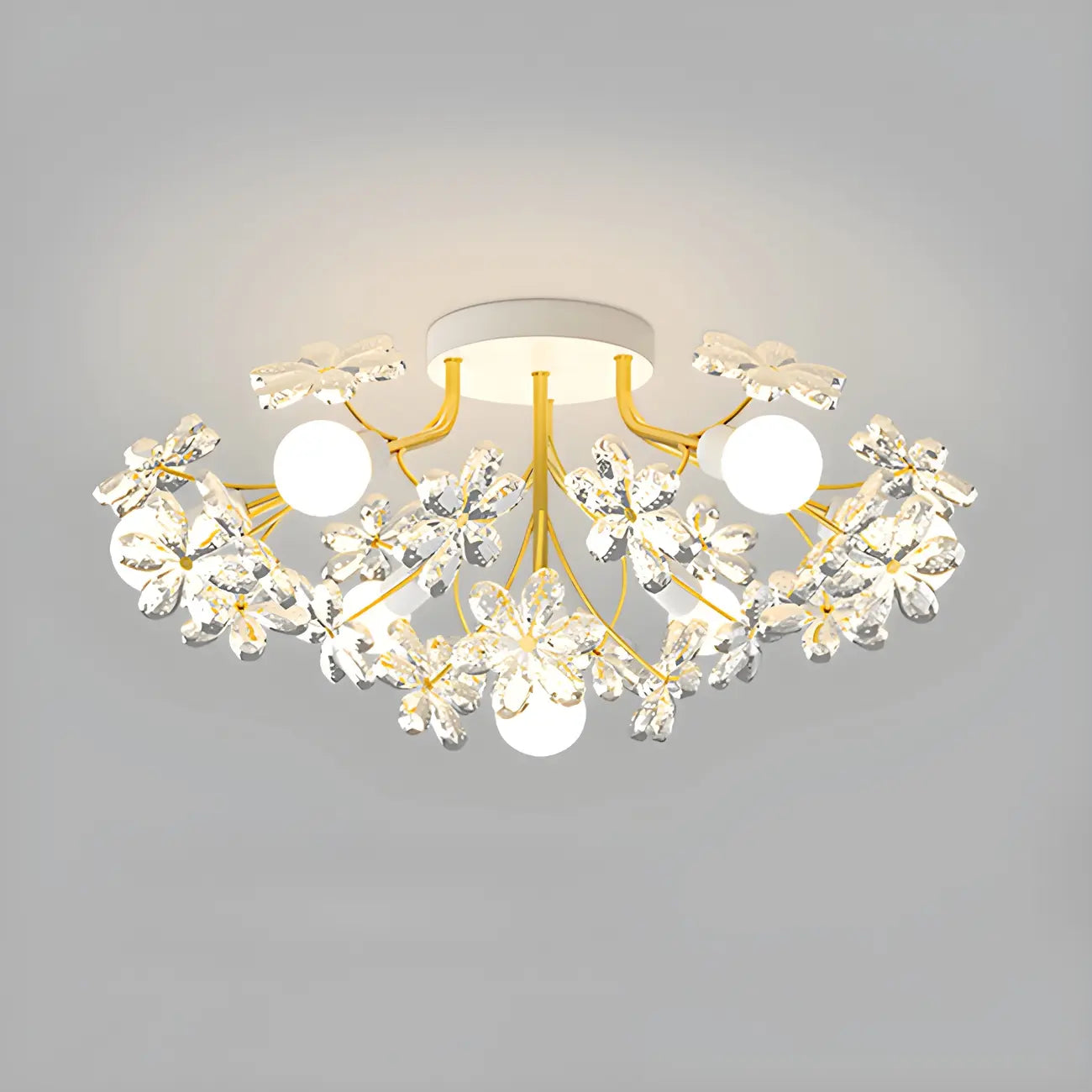 Elegant Floral Crystal Golden Semi Flush Ceiling Light