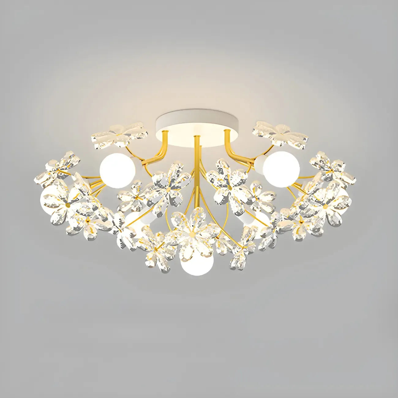 Elegant Floral Crystal Golden Semi Flush Ceiling Light