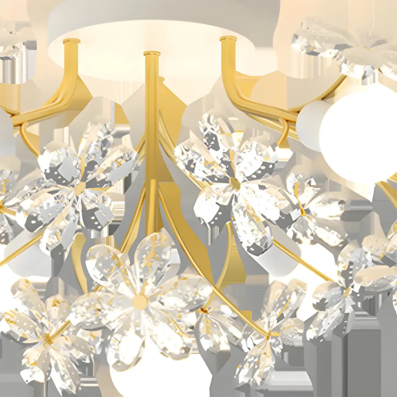 Elegant Floral Crystal Golden Semi Flush Ceiling Light