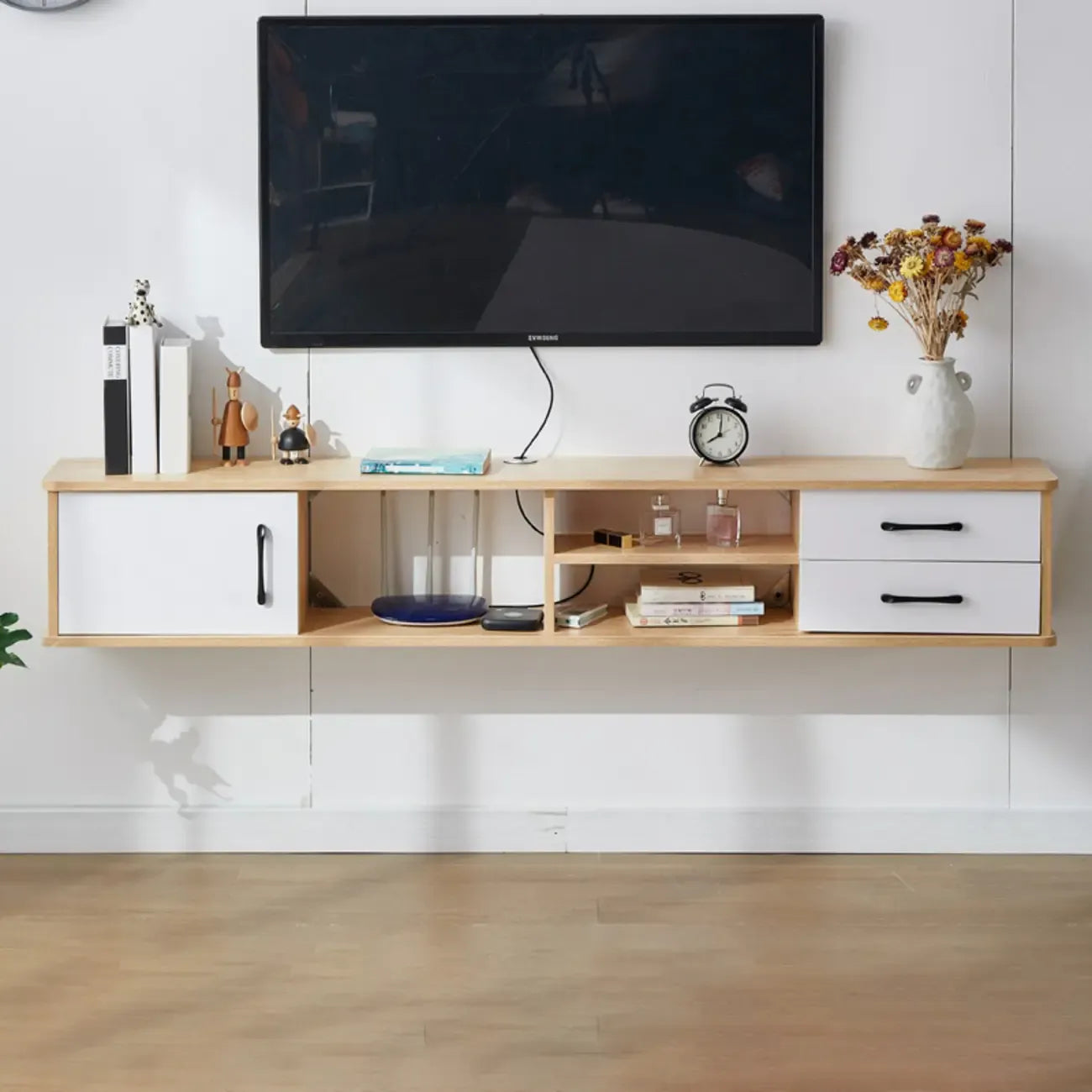 59 Grey Wooden Open Shelf Floating TV Stand with Drawers