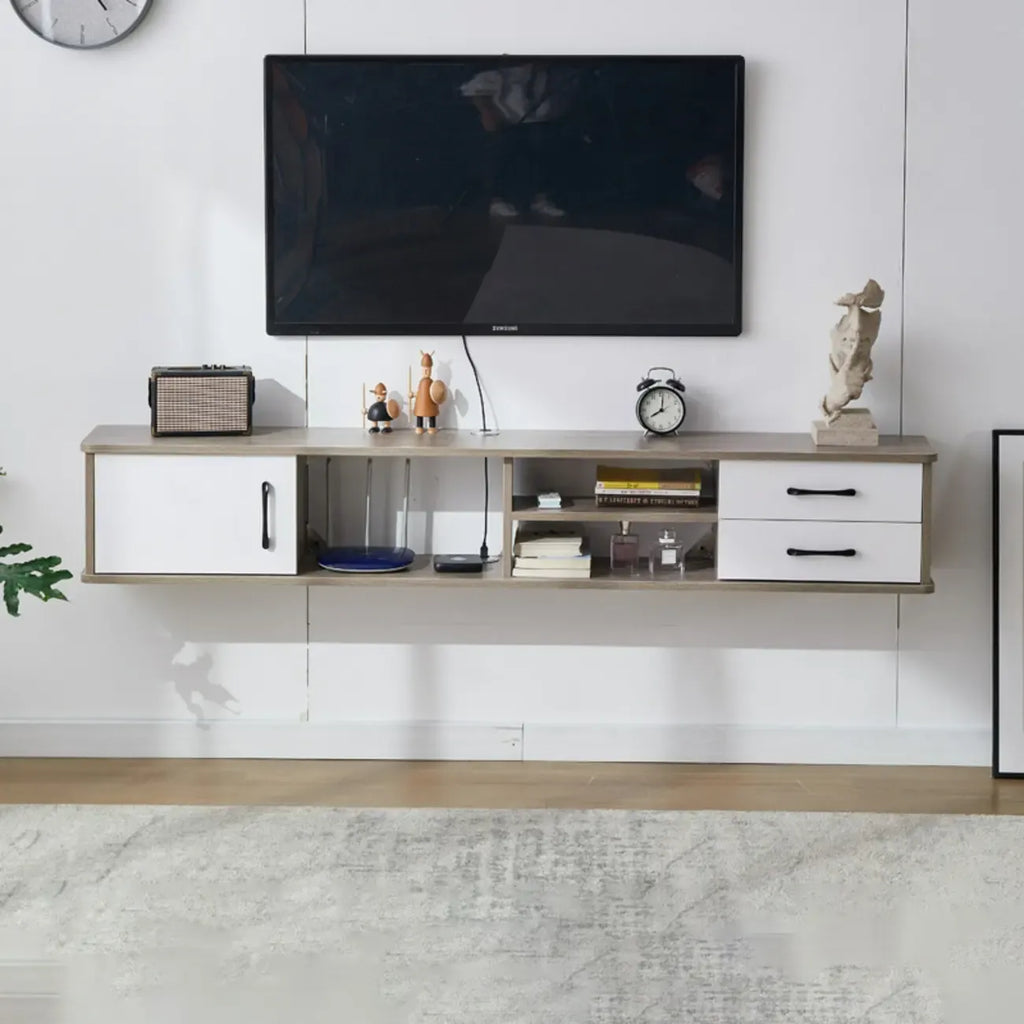 59 Grey Wooden Open Shelf Floating TV Stand with Drawers