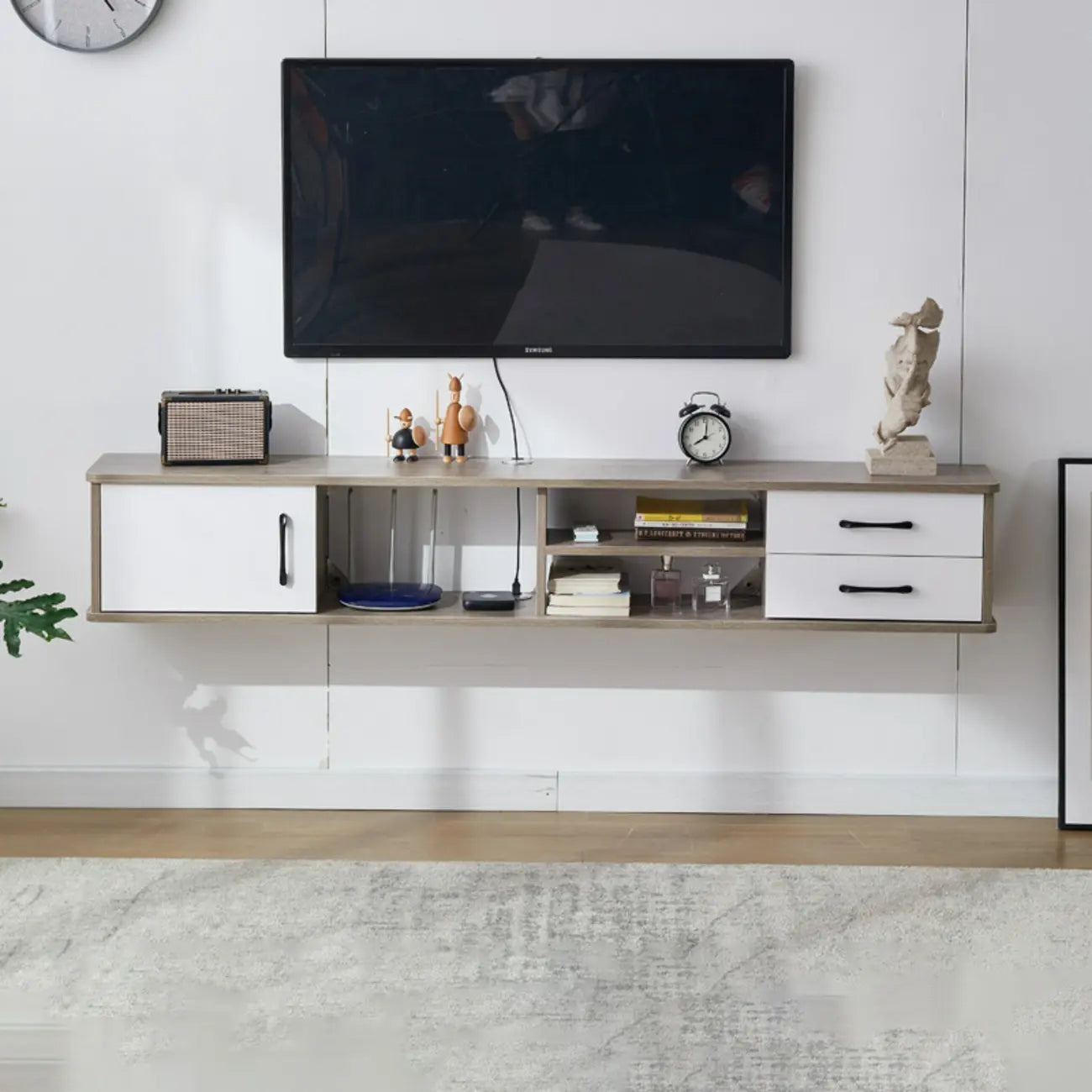 59 Grey Wooden Open Shelf Floating TV Stand with Drawers