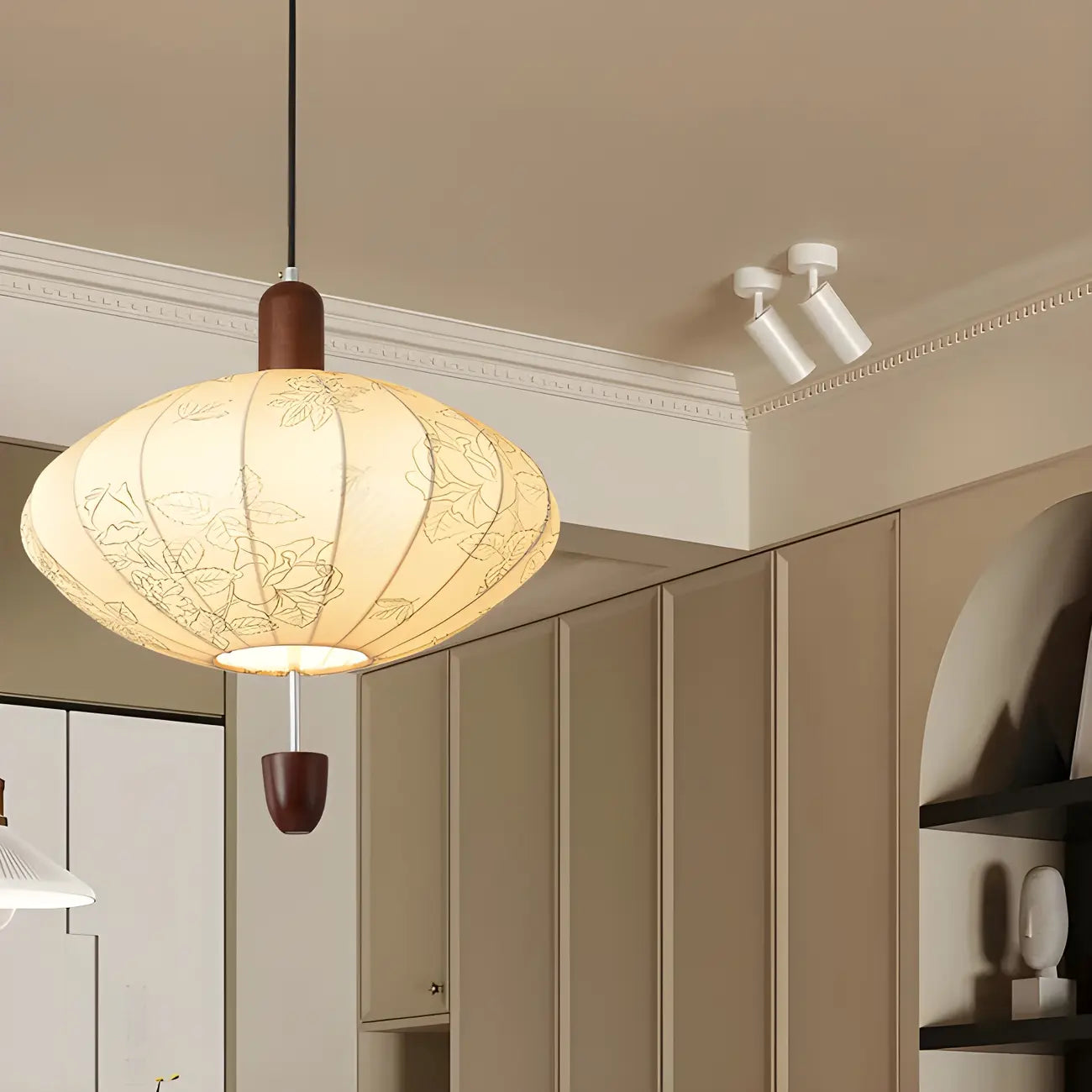 Elegant Flower Pattern Beige Fabric Geometric Chandelier