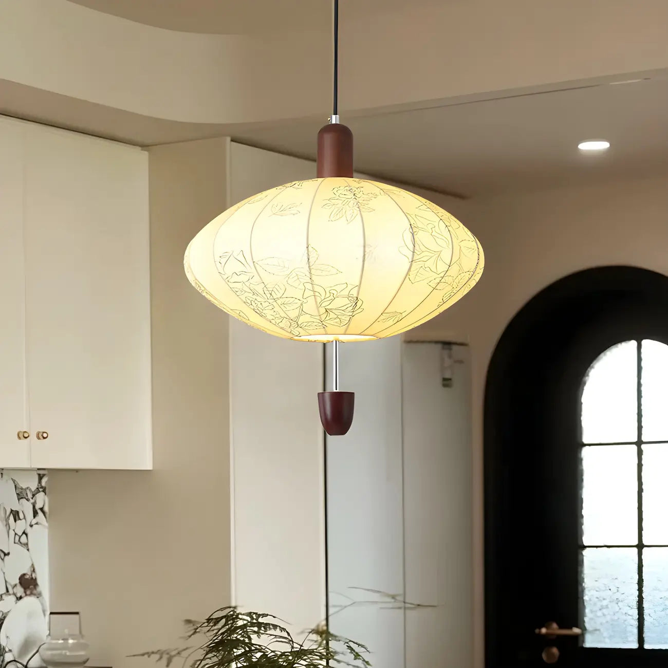 Elegant Flower Pattern Beige Fabric Geometric Chandelier
