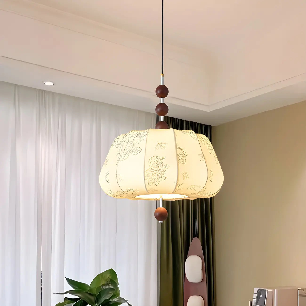 Elegant Flower Pattern Beige Fabric Geometric Chandelier