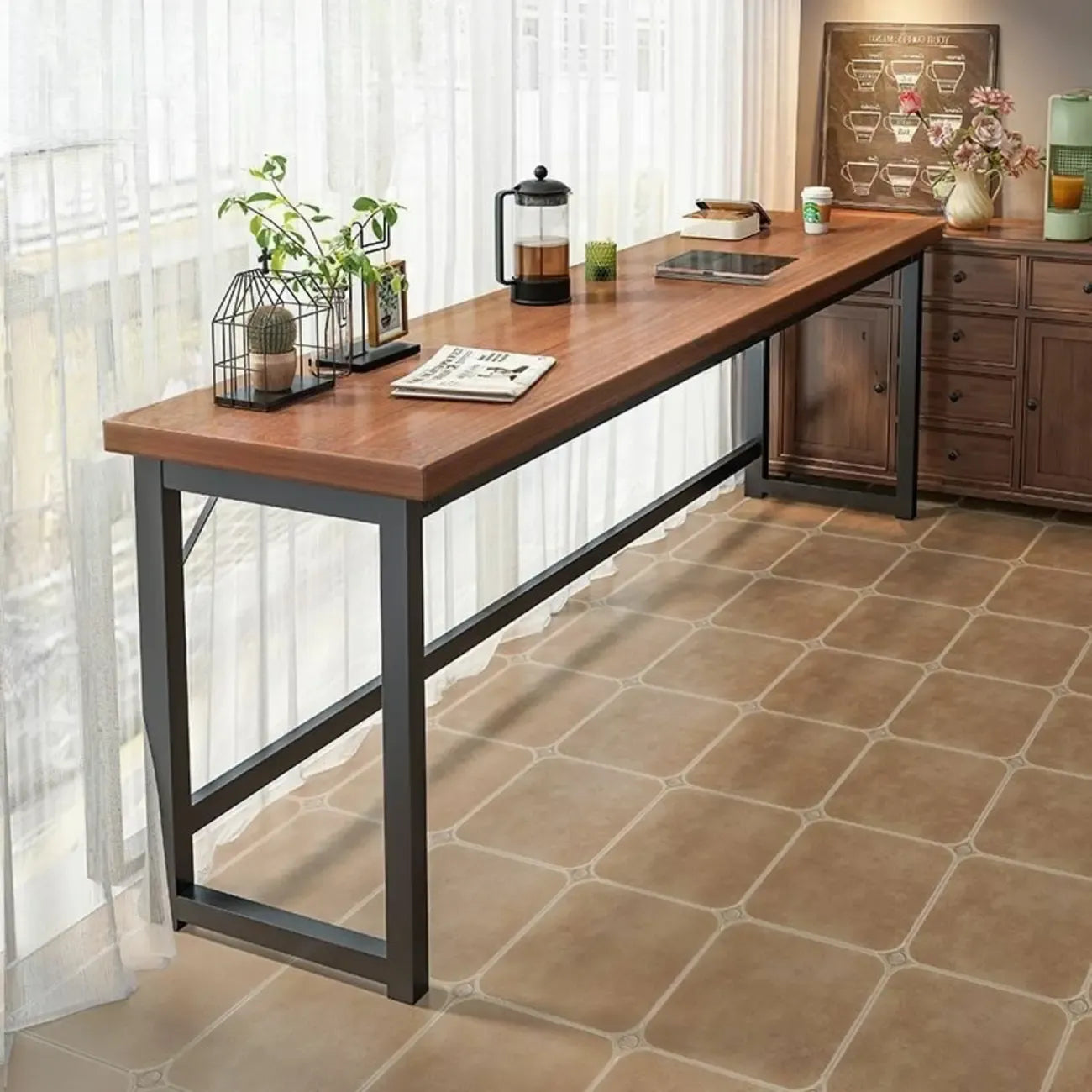 Modern Brown Wooden Metal Frame Fixed Top Bar Tables