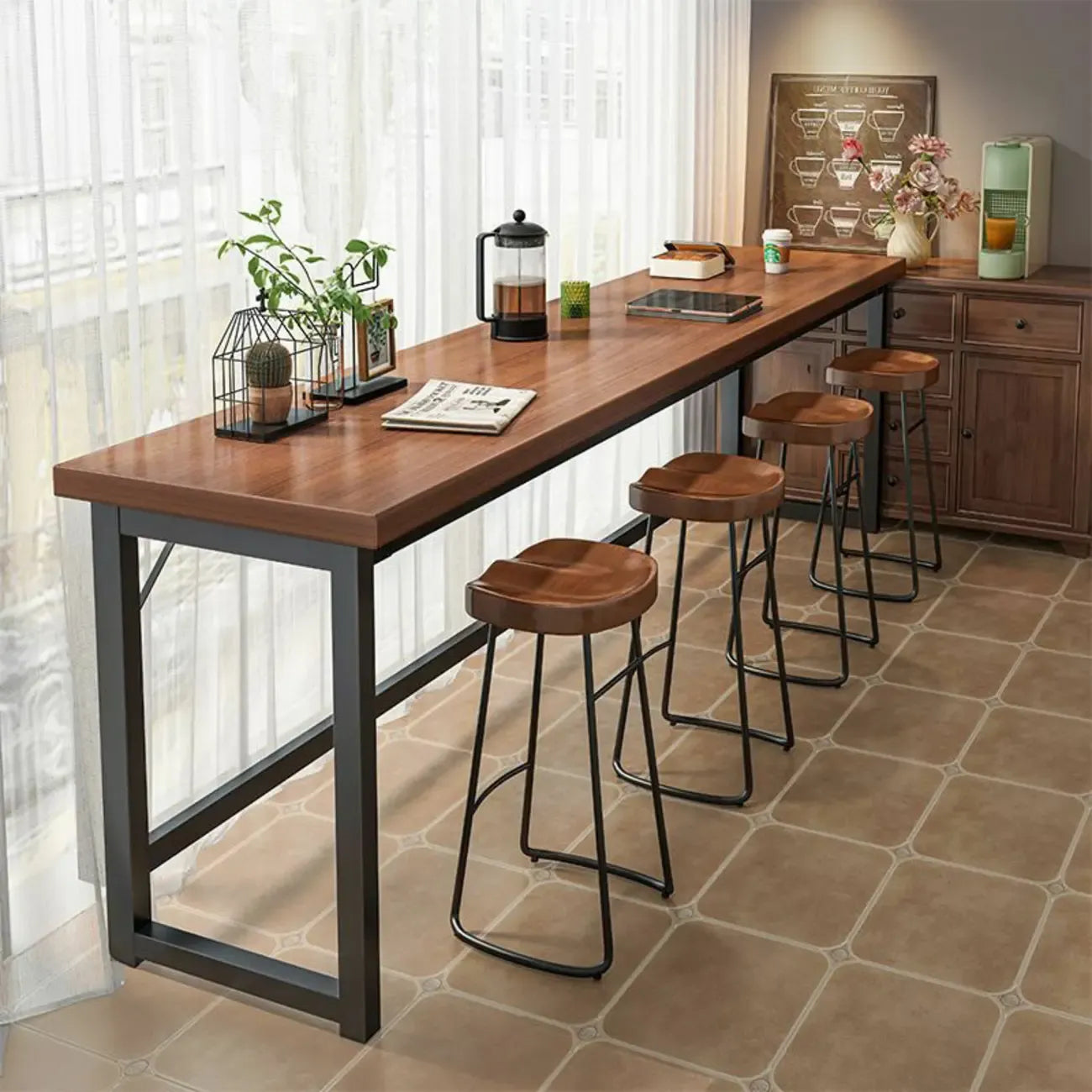 Modern Brown Wooden Metal Frame Fixed Top Bar Tables