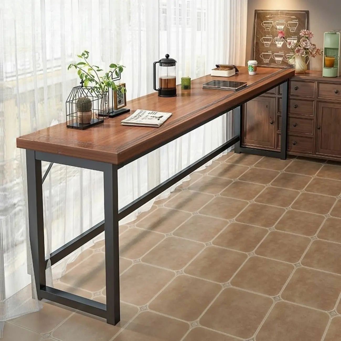 Modern Brown Wooden Metal Frame Fixed Top Bar Tables