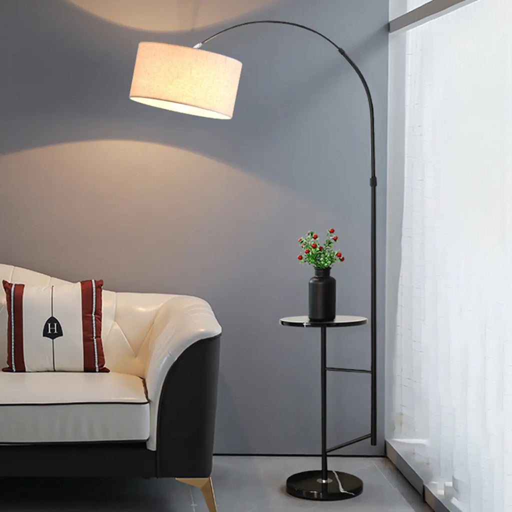 Modern Fabric Drum Shade Adjustable Arc Floor Lamp with Table