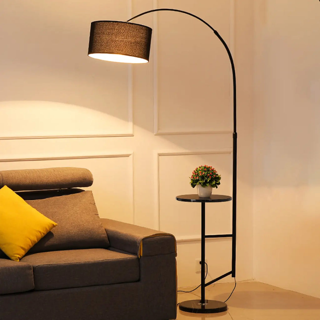 Modern Fabric Drum Shade Adjustable Arc Floor Lamp with Table
