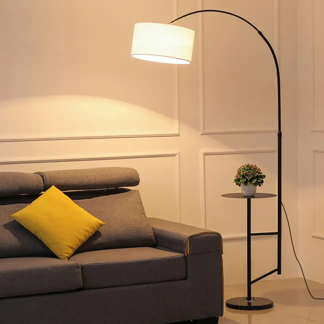 Modern Fabric Drum Shade Adjustable Arc Floor Lamp with Table