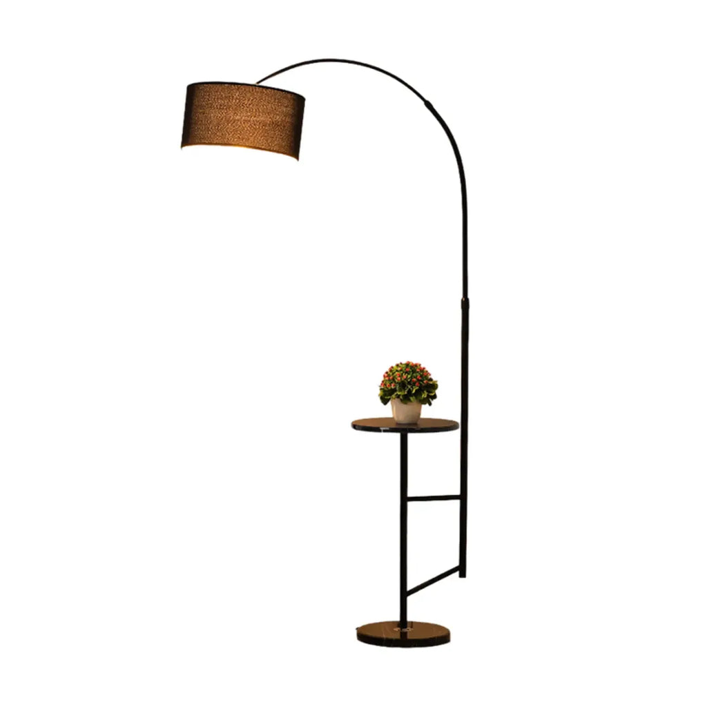 Modern Fabric Drum Shade Adjustable Arc Floor Lamp with Table