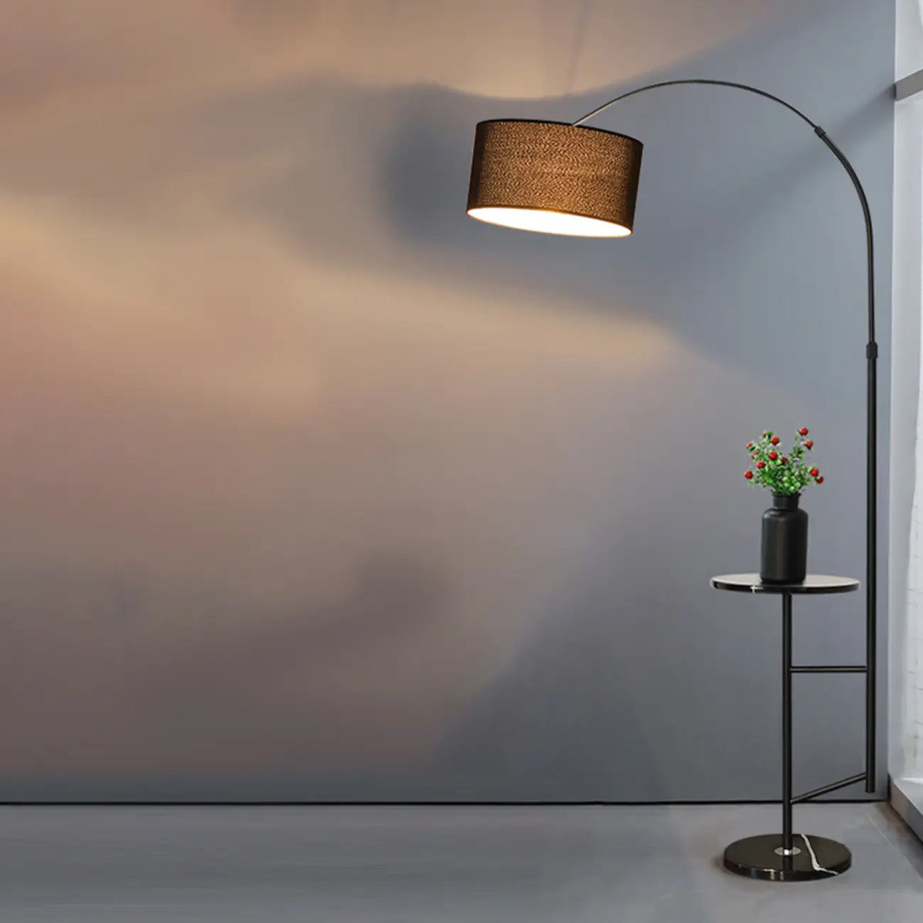 Modern Fabric Drum Shade Adjustable Arc Floor Lamp with Table