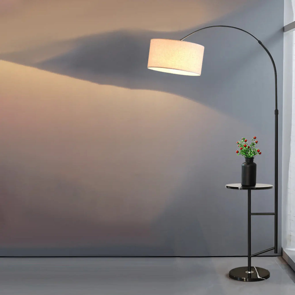 Modern Fabric Drum Shade Adjustable Arc Floor Lamp with Table